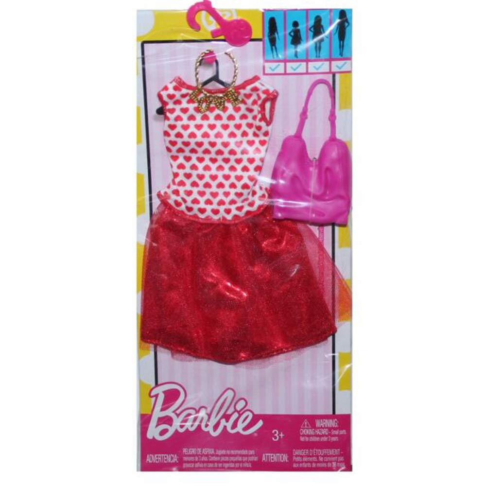 Barbie Doll Fashion Outfit - White and Red Hearts - Shirt and Shimmer / Tulle Skirt - Pink Handbag, Gold Love Necklace #DTW61