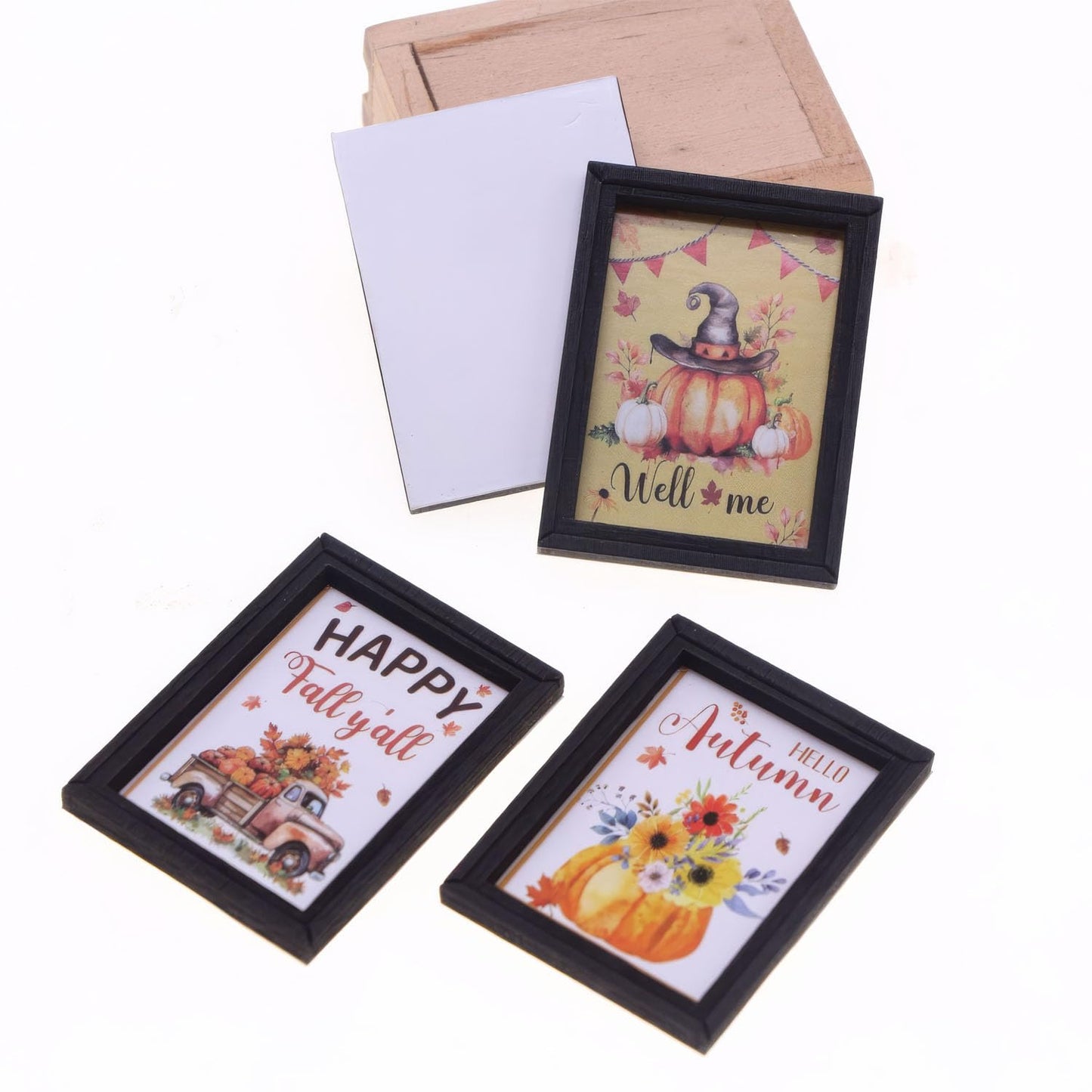 Set of 4 Miniature Framed Pictures, 1:12 Scale Wooden Wall Art for Dollhouse Decor, Realistic Themed Prints (Coastal Beach/Autumn Harvest) for Living