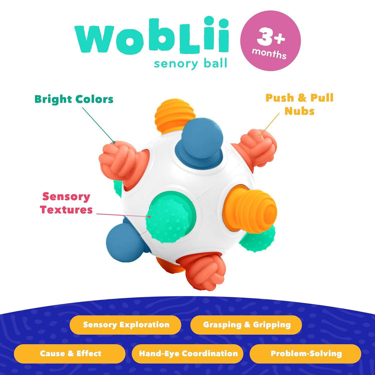 Mobi Woblii Sensory Ball for Babies - Montessori Teething Toy with Satisfying Pop, Food-Grade Silicone Baby Teether for 3 Months+, BPA & Phthalate