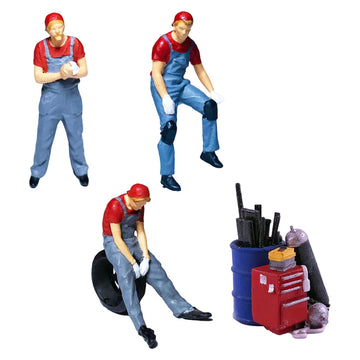 Yiju 1/64 Scale Hand Painted Repairman Figurines, Resin Miniature People for Diorama and Car Model Scenes, Red A (3 Figurines + Toolbox)