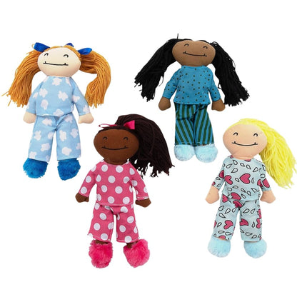 Fun Express Slumber Party Plush Yarn Hair Dolls with Groovy Hair - 4 Doll Set