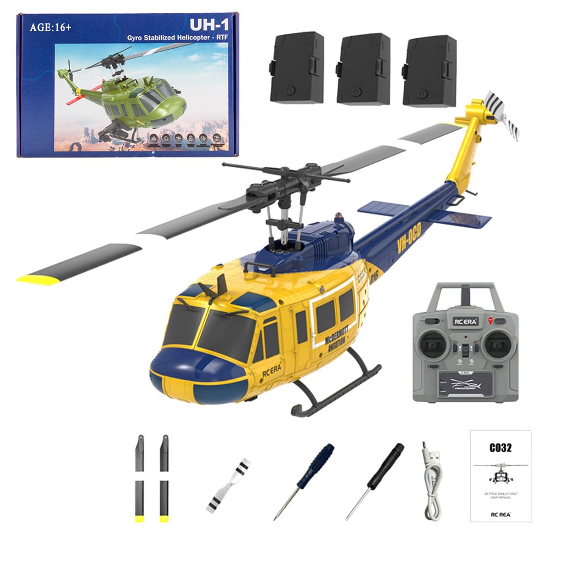 Joponnydiy C032 UH-1 Huey RC Helicopter for Adults, 1/48 Scale 2.4G 6CH Flybarless Remote Control Military Helicopter, 3D Stunt Flight
