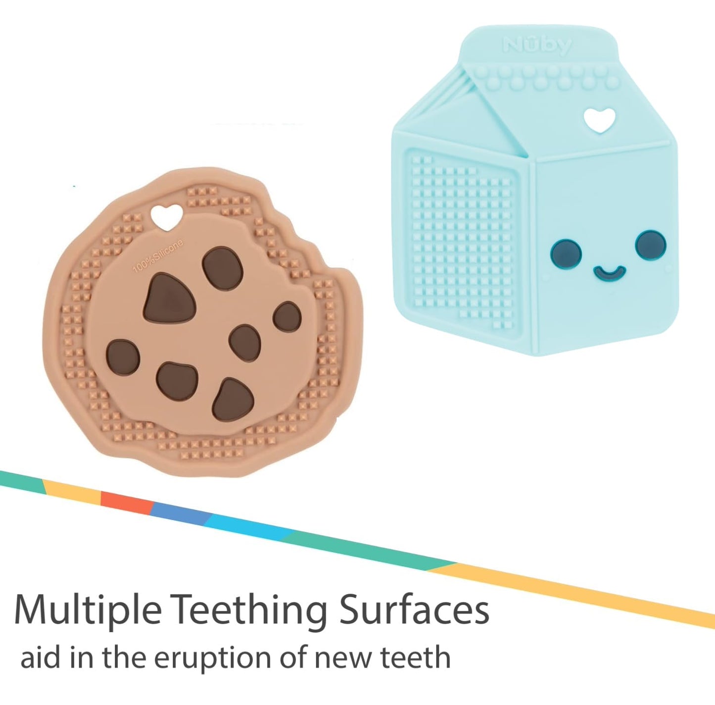 Nuby Chocolate Chip Cookie and Milk Baby Teether for Teething Comfort - Silicone Teether for Babies - Soothes Sore Gums - 3+ Months