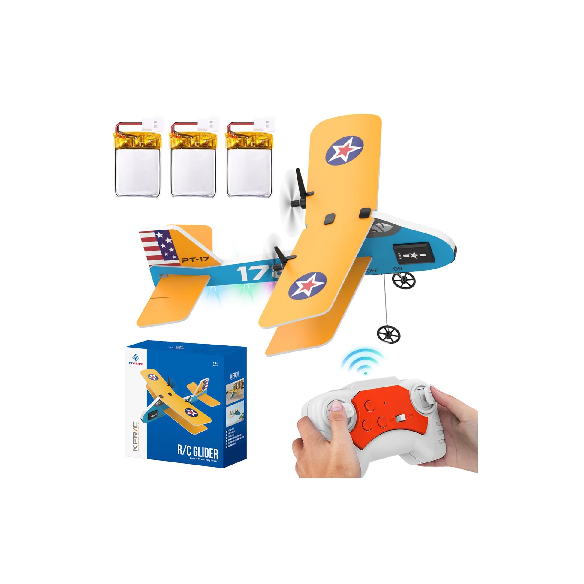 Toileum RC Plane, 2.4Ghz Remote Control Airplane with 3 Batteries & 6-axis Gyro Stabilizer, 2 Channel RTF PT-17 RC Toy, Easy to Fly for Beginners Kids