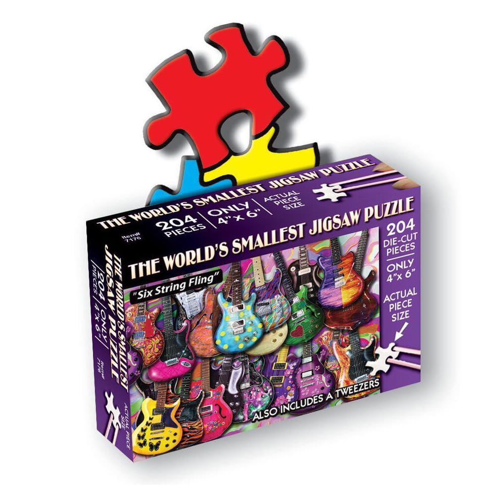 TDC Games World’s Smallest Jigsaw Puzzle, Six String Fling - Mini Puzzles, Small Challenging Travel Art Puzzle for Adults, 200+ Pieces, 6 x 4 inches