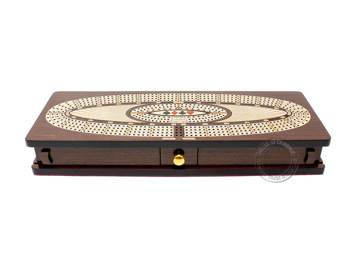 House of Cribbage - Continuous Cribbage Board/Box Inlaid in Wenge Wood/Maple : 4 Track - Sliding Lids, Drawer & Metal Pegs with Score Marking Fields