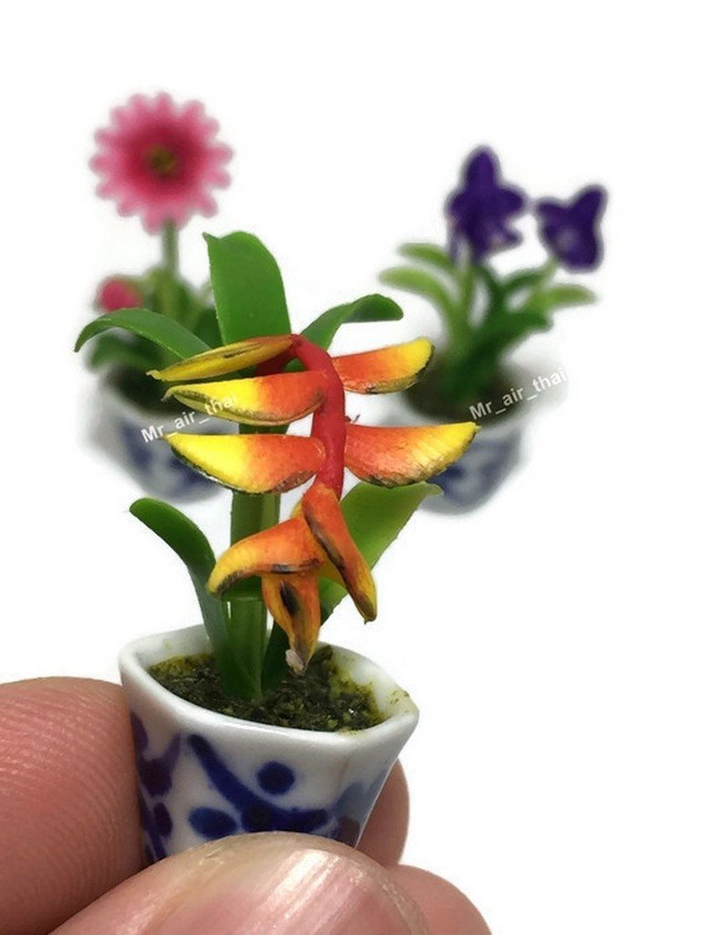 3pc Miniature Flower Clay Dollhouse Fairy Garden Mini Plant Trees Ceramic Paint Furniture Bundles Artificial Flowers Tiny Orchid #088