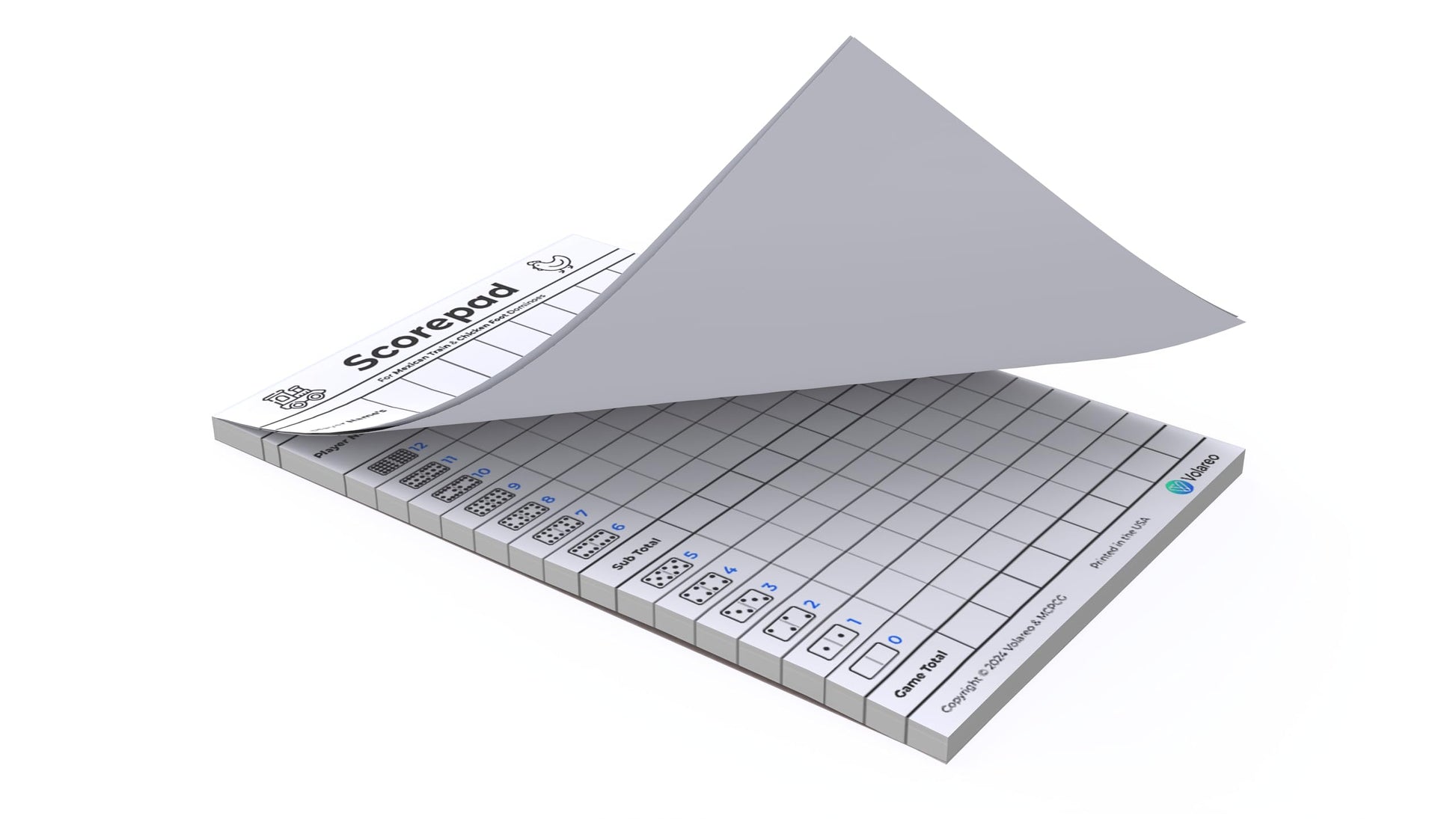 Volareo Mexican Train and Chicken Foot Dominoes Score Pad - 100 Scoring Sheets per Scorepad, 8.5 x 5.5 Inches - Score Sheets for Double 12 Domino