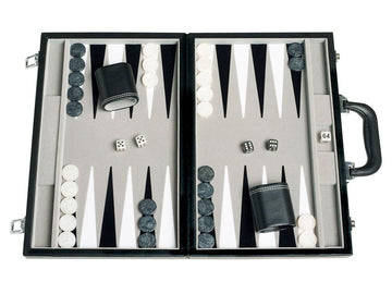 Travel Backgammon Set - Leatherette, Velvet Playing Field - 15-inch, Black/Grey