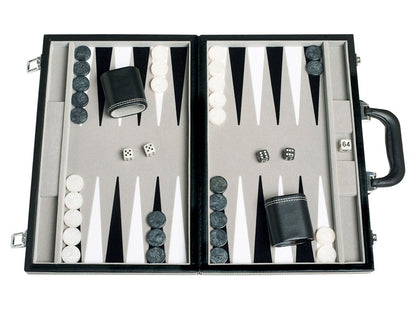 Travel Backgammon Set - Leatherette, Velvet Playing Field - 15-inch, Black/Grey