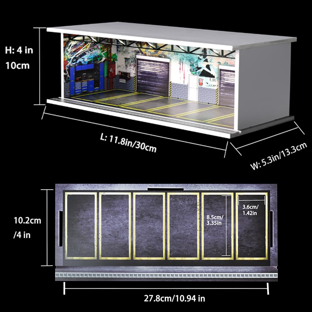G-FANS 1/64 Scale Hot die-cast Wheels Model car scenarios Display case with LED Light and Acrylic Cover, Scenes Parking lot Diorama Storage Garage Box
