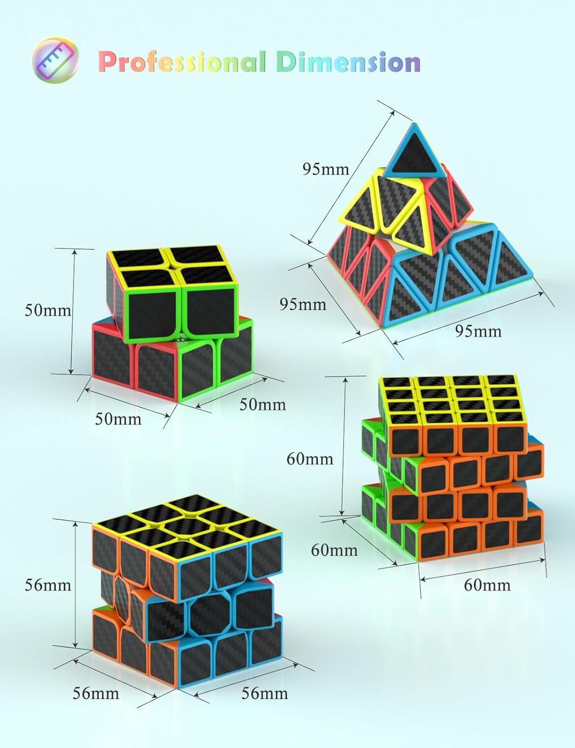 Roxenda Speed Cube Set, Speed Cube Bundle of 2x2 3x3 4x4 and Pyramid Cube Smoothly Magic Cubes Collection for Kids Teens & Adults [4 Pack] (Carbon