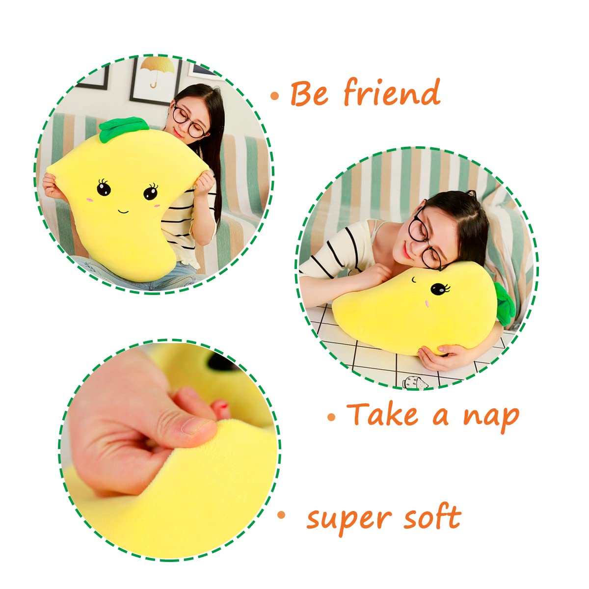 BABOLI Cuddly Mango Plush Toy Pillow Adorable Soft Fruit Stuffed Animal with Smile Face and Cute Expression Pretty Sweet Gifts for Kids Boys and Girls