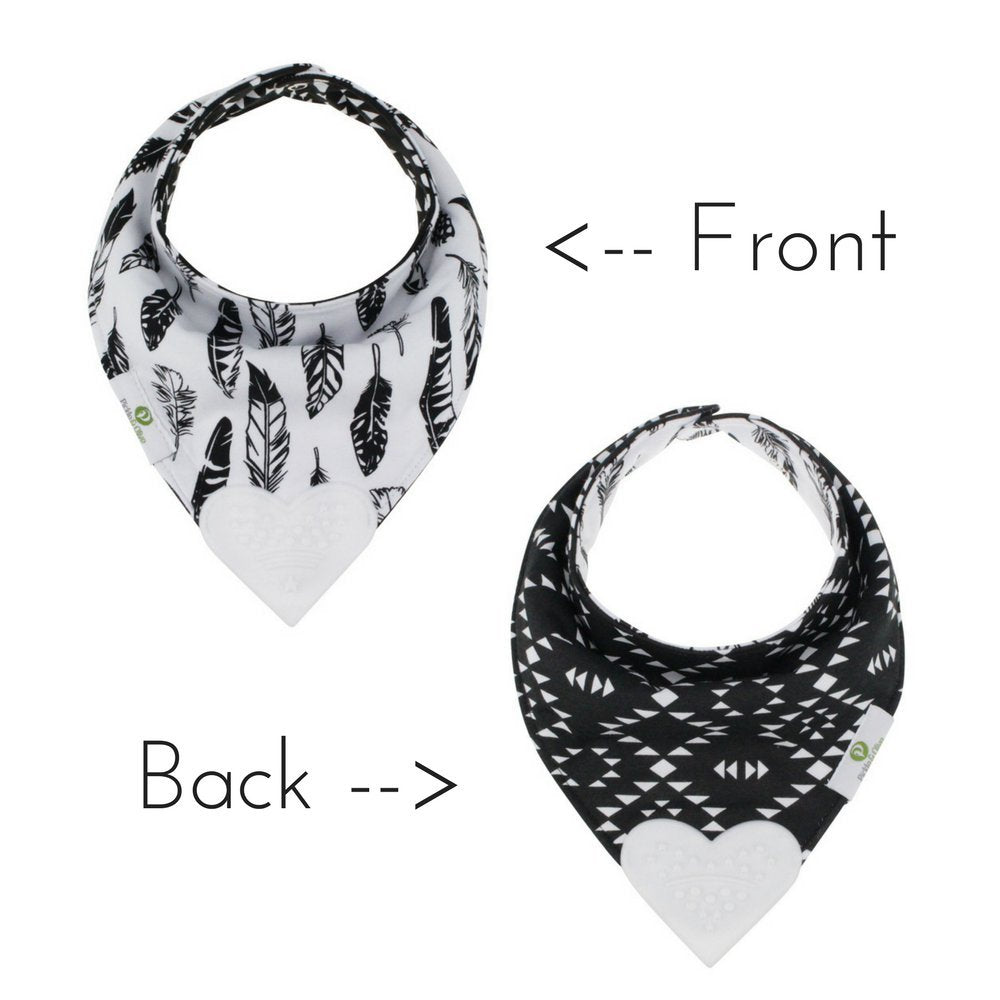 Pickle & Olive Reversible Baby Teething Bibs - Attached Heart Shaped Teether - Monochrome - Set of 2