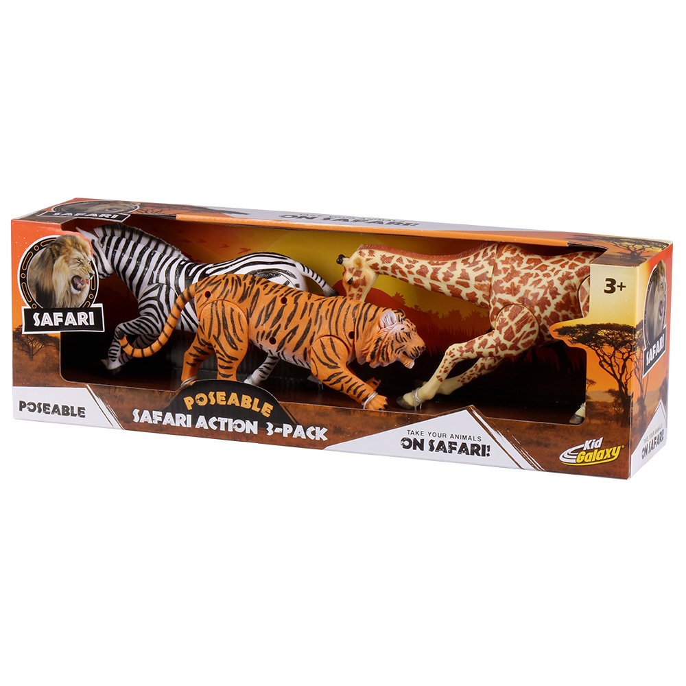 Kid Galaxy 9" Posable Safari Animal Set - Tiger, Zebra, Giraffe 9" (3 Piece), Orange, Yellow, Brown, Black, White