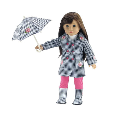 Emily Rose 18-inch Doll Raincoat Set 5-PC - Complete Rainy Day Outfit with Working Umbrella & Boots | American Girl Compatible | USA Brand
