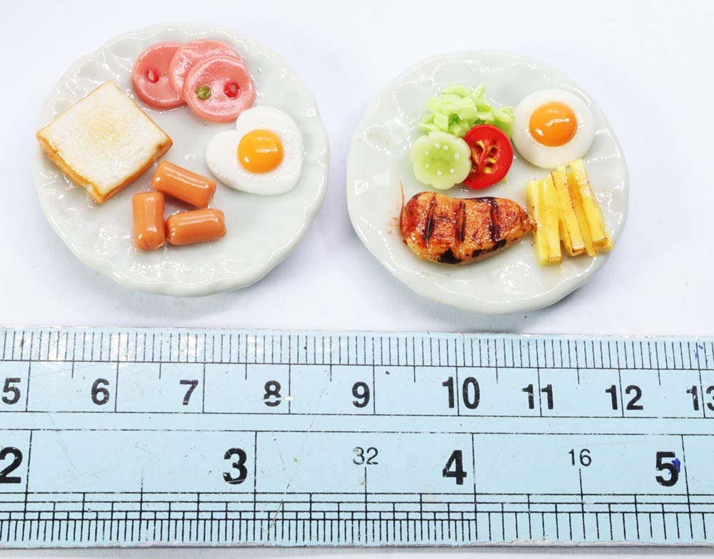 Miniature Food Plates Set of 2 - Hand-Sculpted Clay Bread, Sausage, Egg & Pork Steak on Ceramic Dishes - 1:6 Scale Dollhouse Accessories