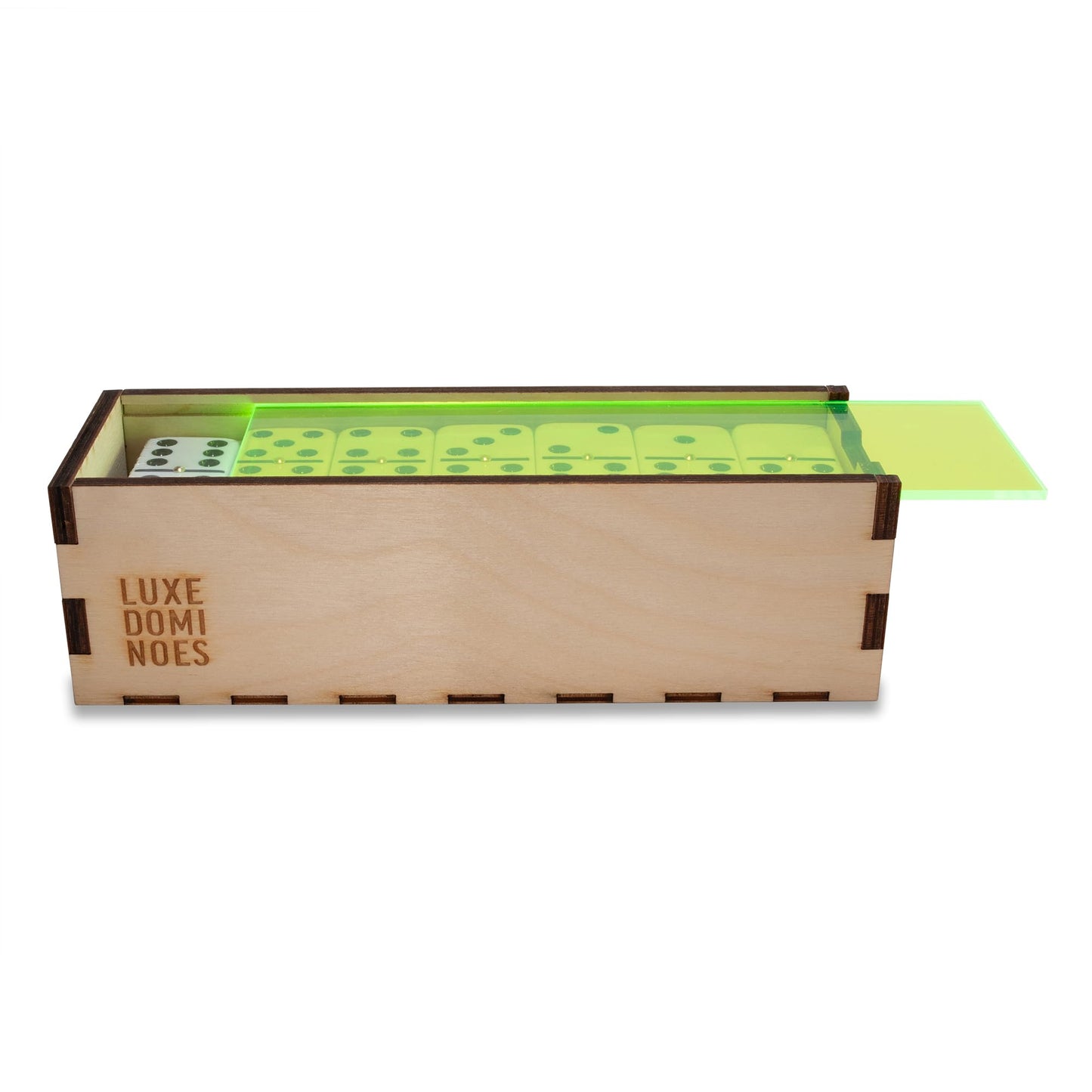 Deluxe Modern Domino Set Double Six, with Jumbo Sized Tournament Dominoes Black and White Two Toned with Spinner (Rivets) in Wood Box with Acrylic Top