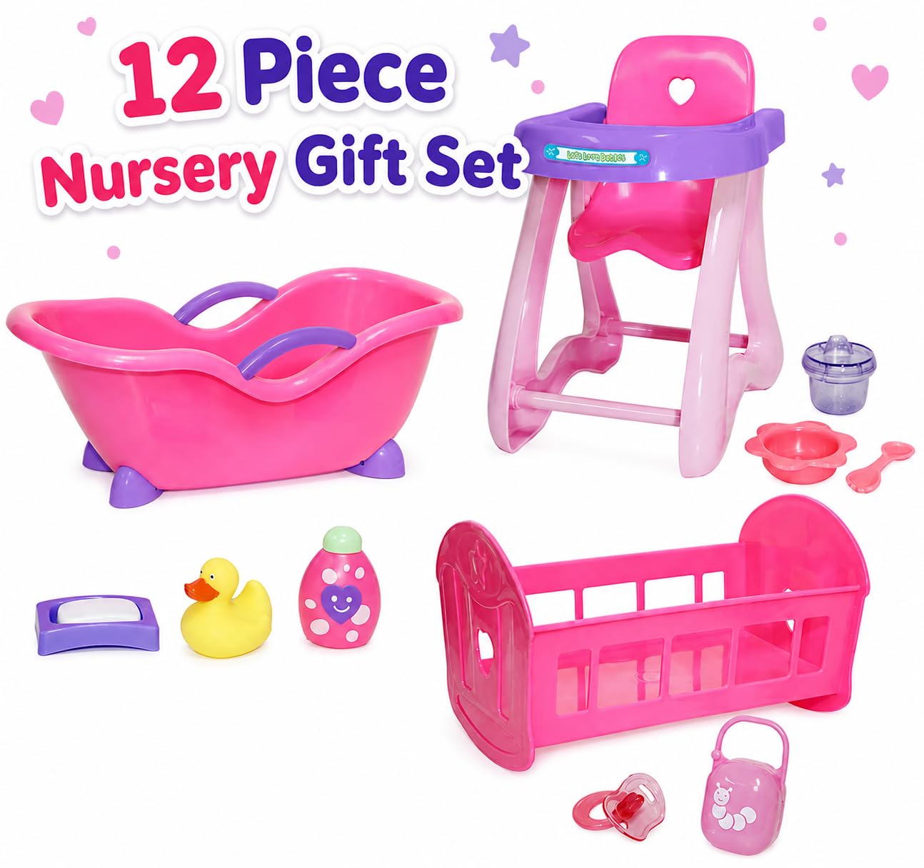 JC Toys Deluxe Doll Accessory Bundle | High Chair, Crib, Bath and Extra Accessories for Dolls up to 11" | Fits 11" La Baby & Other Similar Sized