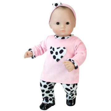 Sophia's 3 Piece Long Sleeve Velour Shirt, Dalmatian Print Pants and Matching Headband Set for 15 Inch Baby Dolls, Pink/Black