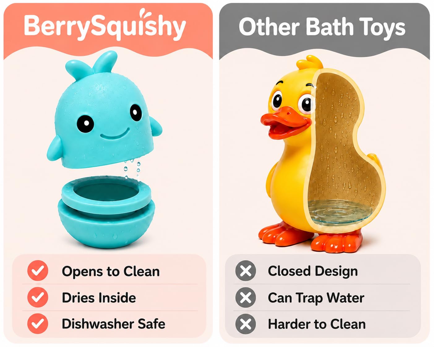 BerrySquishy Silicone Bath Toys, Opens for Cleaning, Baby Bath Toys 9M+, Toddler Bath Toys 1-3, Bathtub Toys, Ocean Friends 6-Piece Set