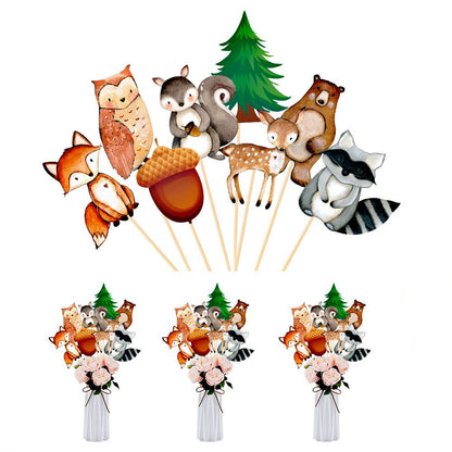 yuuzue 24pcs Woodland Animals Cake Topper, Baby Shower Decorations, Double-Sided Printed Forest Friends Centerpiece Sticks for Wild One Camping Party