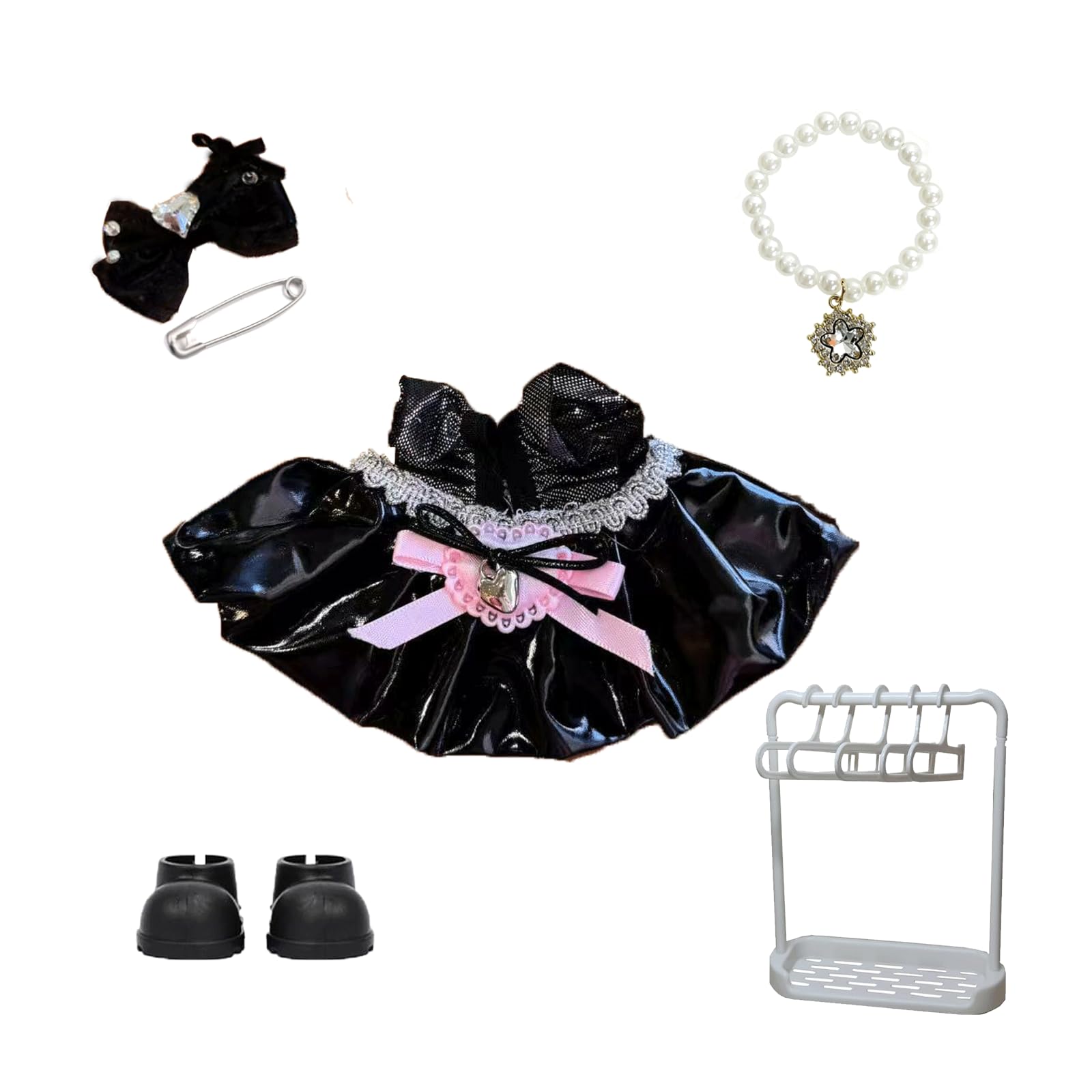 Doll Clothes Set ,Sparkling Black & Pink Princess Dress Set for 17cm Dolls - 5 Piece Outfit with Glitter Sleeveless Gown, Bow Headband, Pearl