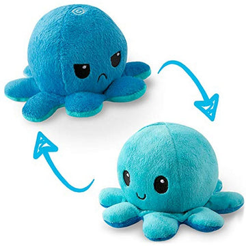 TeeTurtle Reversible Octopus Plushie 4-Inch Angry Light + Dark Blue Two-Sided Flip Plush Toy with Embroidered Details - Cute Mini Collectible Plush
