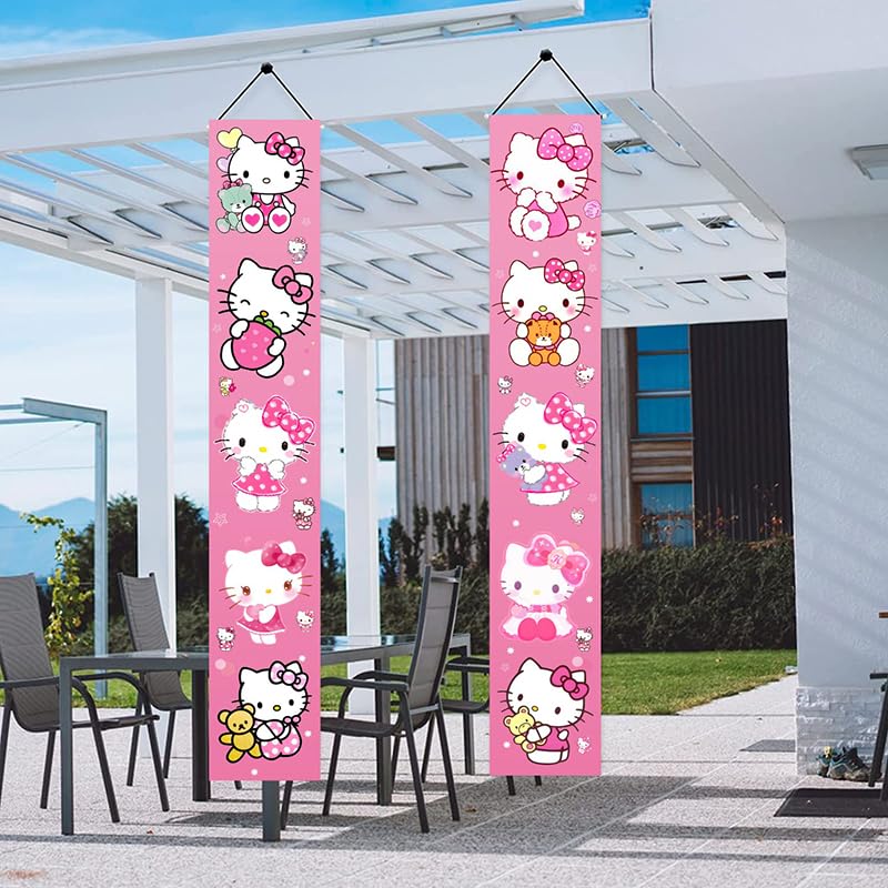 2Pcs Hello Cats Birthday Porch Sign Door Hanging Banner Birthday Party Supplies for Wall Decorations