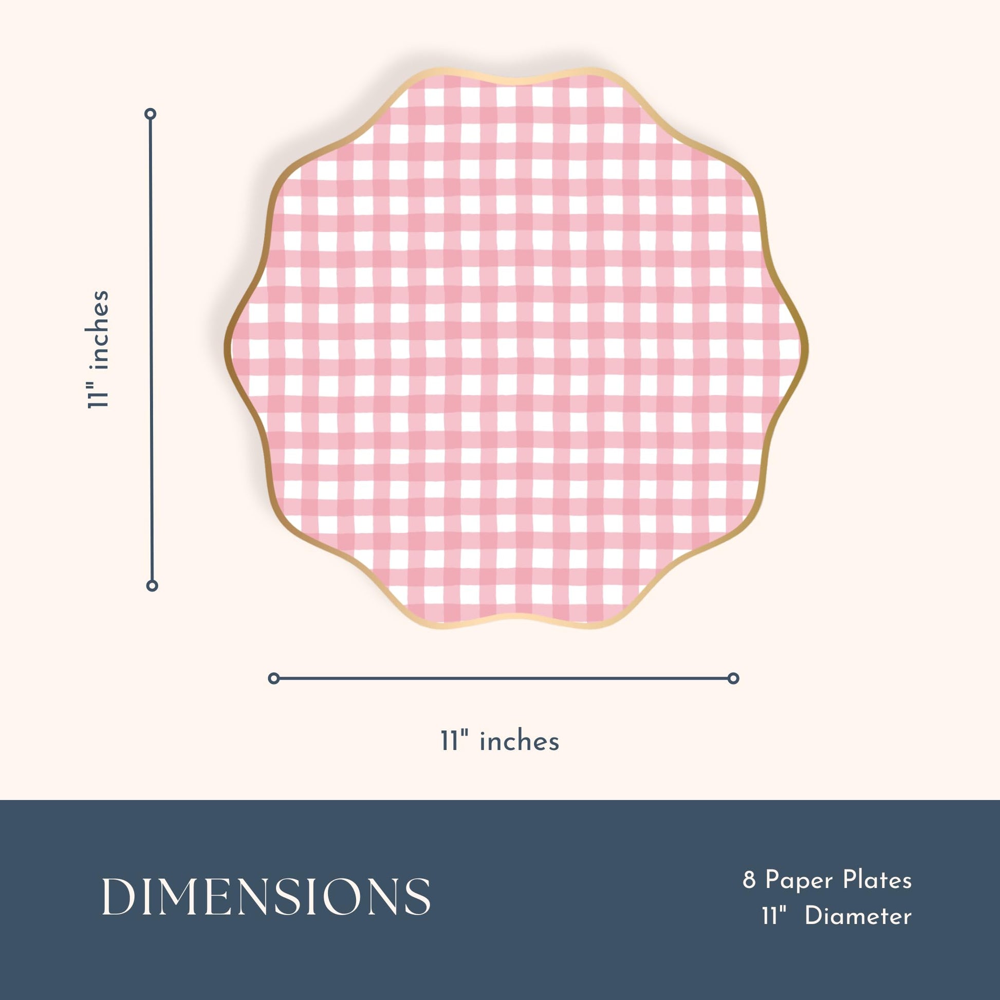 Bonjour Fête Light Pink Gingham Paper Party Plates | Large Disposable Dinner Plates for Valentines Plate, Baby Showers, Spring & Birthday Celebrations