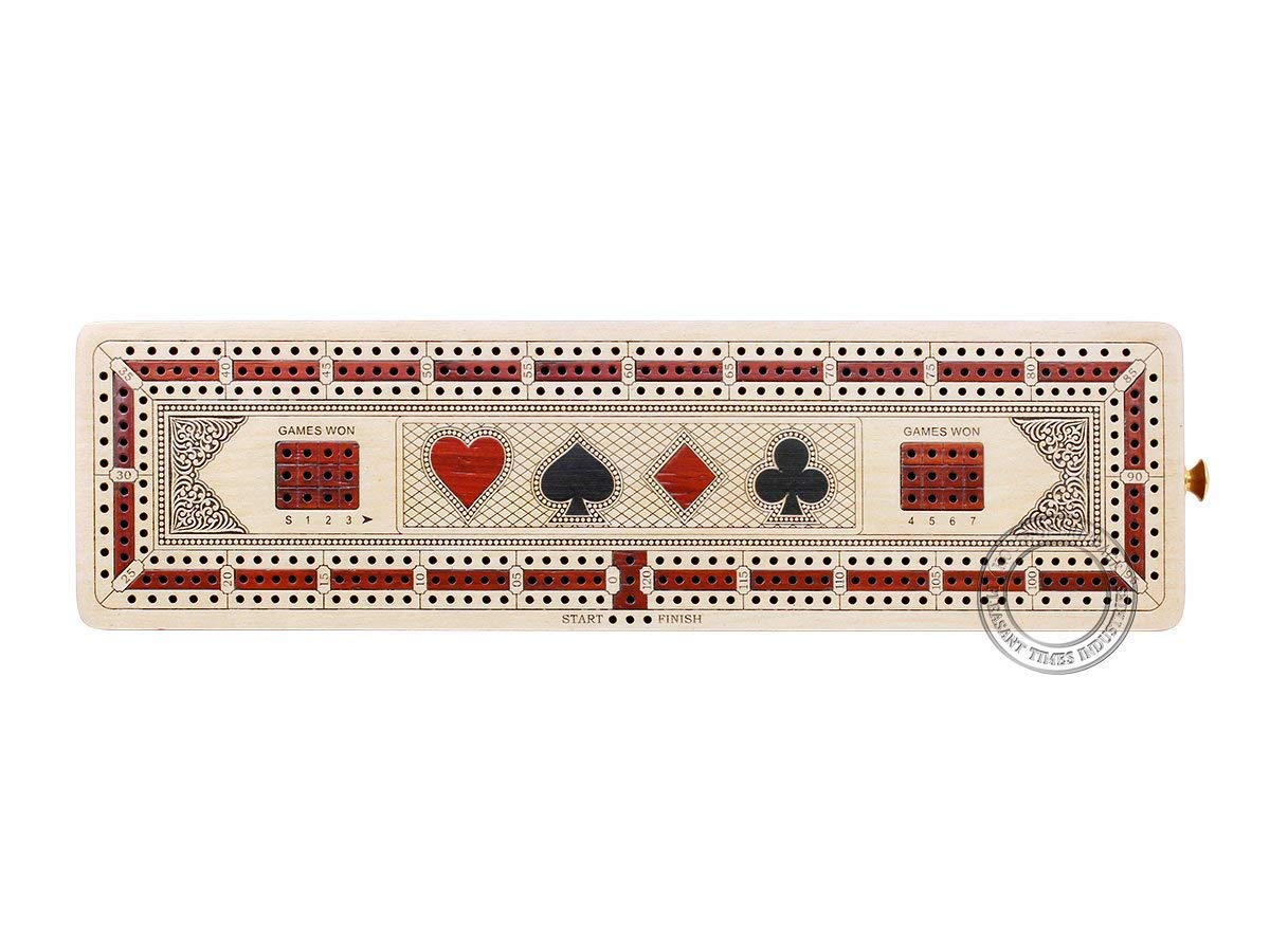 House of Cribbage - 3 Track Continuous Cribbage Board Inlaid in Maple Wood/Bloodwood - Size: 12.5 Inch - Wood Inlaid Card Symbols (Suits) + Storage