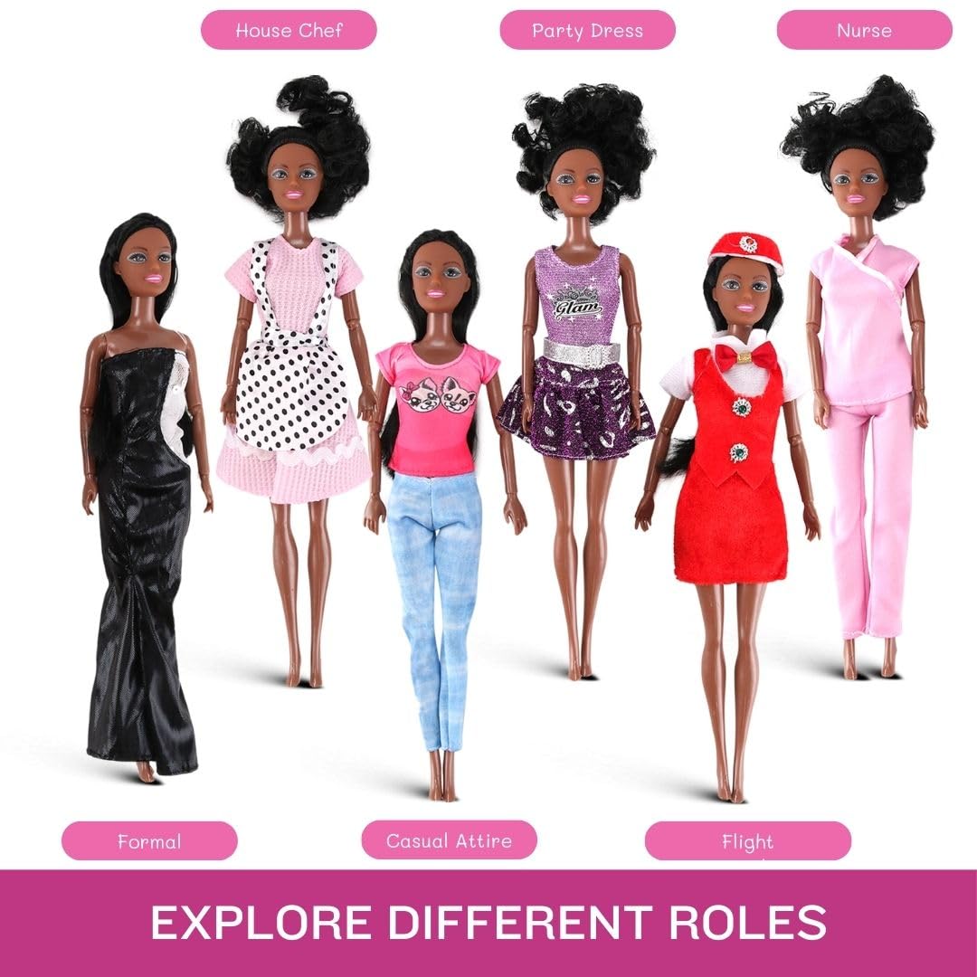 Liberty Imports 6 Set of African American Black Toy Dolls - 11.5" Premium Fashion Style Diversity Role Play Dolls, Bundle Variety Pack for Kids, Girls