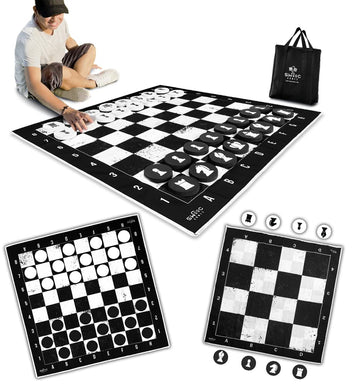 Swooc Games - 3-in-1 Giant Chess, Checkers, & Chess Tac Toe Game with Mat (4ft x 4ft) - Machine-Washable Canvas & 5" Big Foam Discs - Giant Chess Set