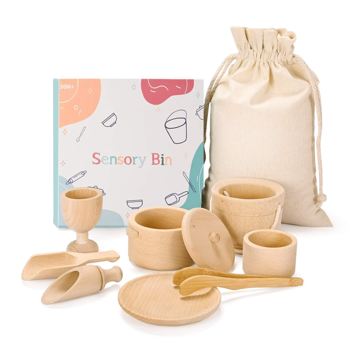 MONT PLEASANT Montessori Toys Sensory Bin Toys for Toddlers Set of 9 Wooden Waldorf Toys Wooden Scoops and Tongs for Transfer Work and Fine Motor