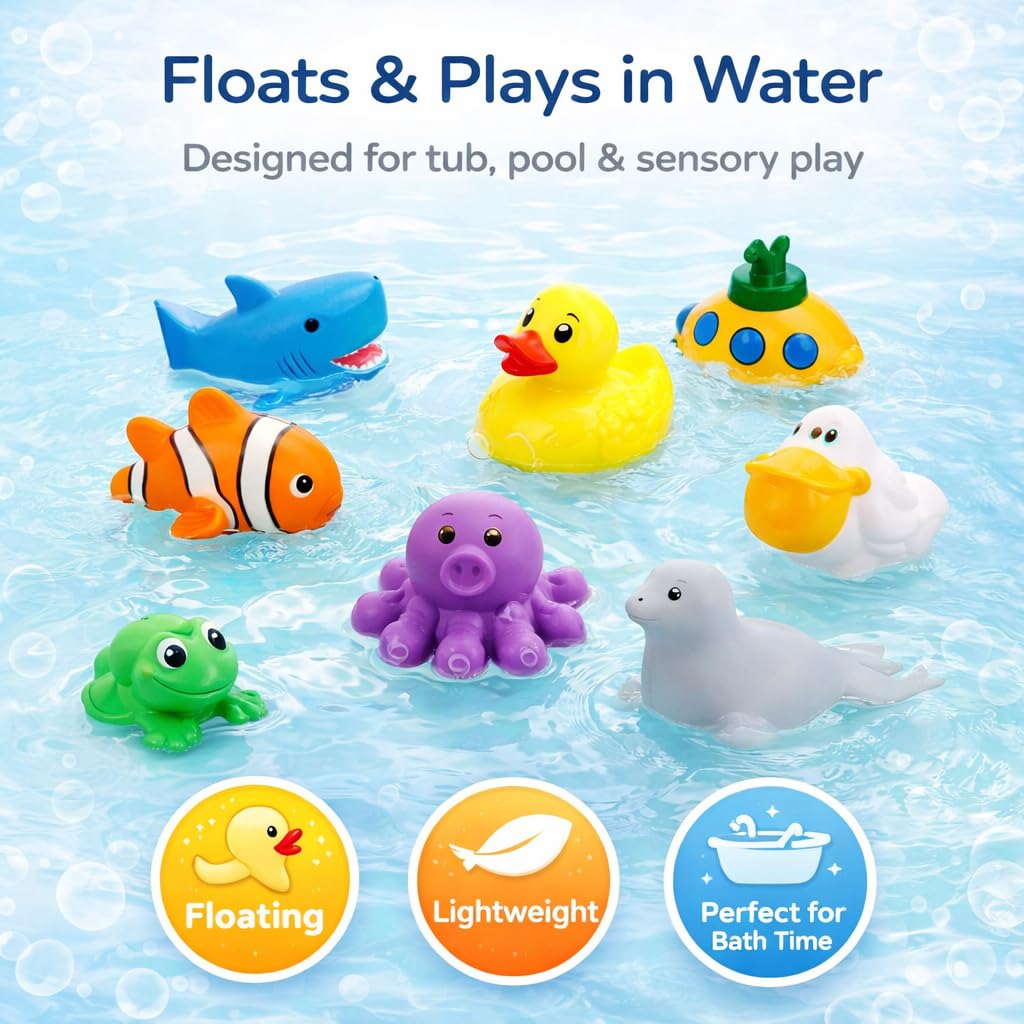 15 PCS Ocean Animals Rubber Bath Toy Water Squirters with Floating Bathtub Squeeze and Play Soft Sea Creatures anf Fishing Net for Baby, Toddlers