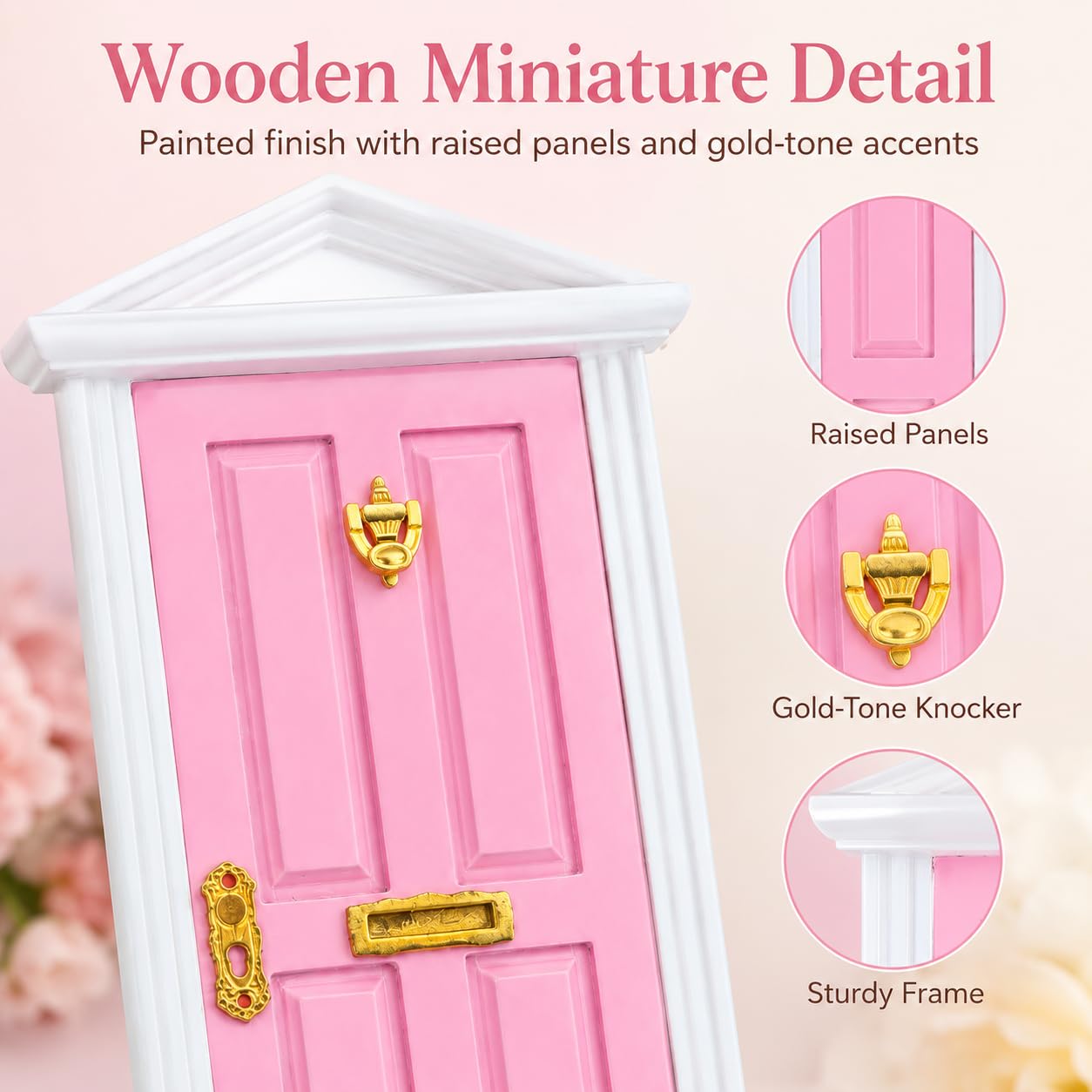 Yardwe Mini Wooden Fairy Door with Spire Design, 1:12 Scale Dollhouse Accessories for Decoration, Pink Door with Key for Christmas, Birthday, Wedding