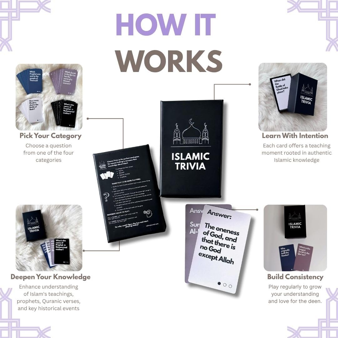Salam Store Islamic Trivia Card Game, 100+ Questions in 4 Categories, Educational Family Game, Perfect Eid Gift and Ramadan Gift for Muslims