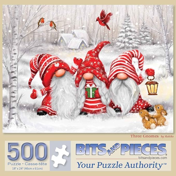 Bits and Pieces - Large 500 Piece Jigsaw Puzzle for Adults - Three Gnomes' Christmas Winter Jigsaw Puzzle by Artist Makiko, Completed Puzzle Size: 18"