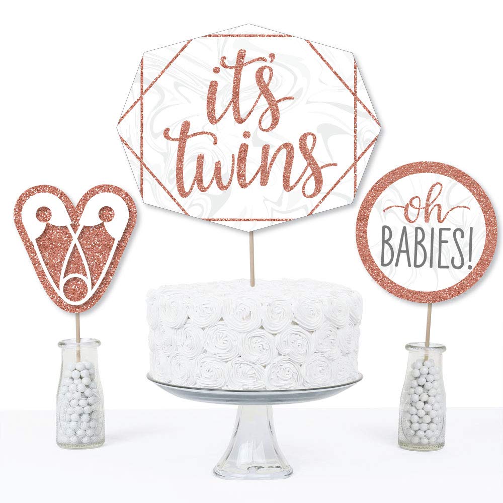 Big Dot of Happiness It's Twin Girls - Pink and Rose Gold Baby Shower Centerpiece Sticks - Table Toppers - Set of 15