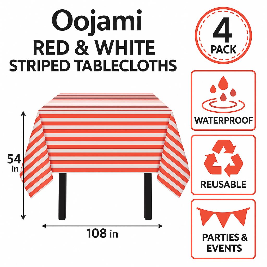 Oojami Pack of 4 Red & White Striped Tablecloths - 54" x 108" - Premium, Reusable, Waterproof Plastic for Parties, Picnics & Events