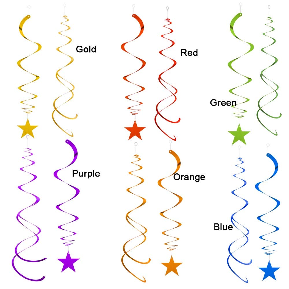 AimtoHome Rainbow Party Star Swirl,Foil Ceiling Hanging Swirl Decorations with Star, Whirls Decorations for Party, Pack of 36,Green Red Yellow Blue