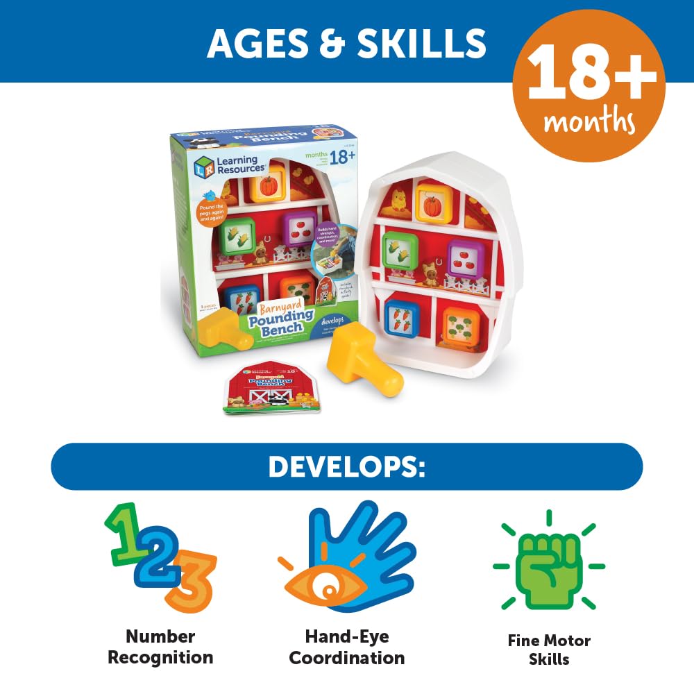 Learning Resources Barnyard Pounding Bench, Farm Animals for Kids, Fine Motor Skills, Montessori Toys, Hammer Toy , Ages 18 Months+, 3 Pieces