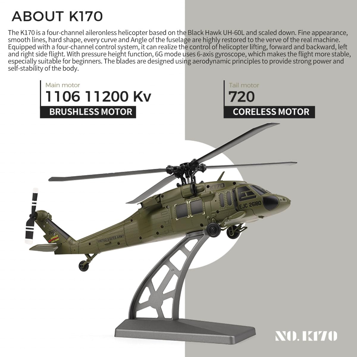 ConsoleXpress RC Helicopter for Adults, K170 UH-60L 170 Size 2.4G 4CH 6-Axis Gyro Flybarless RC Helicopter with Altitude Hovering, Adjustable Left