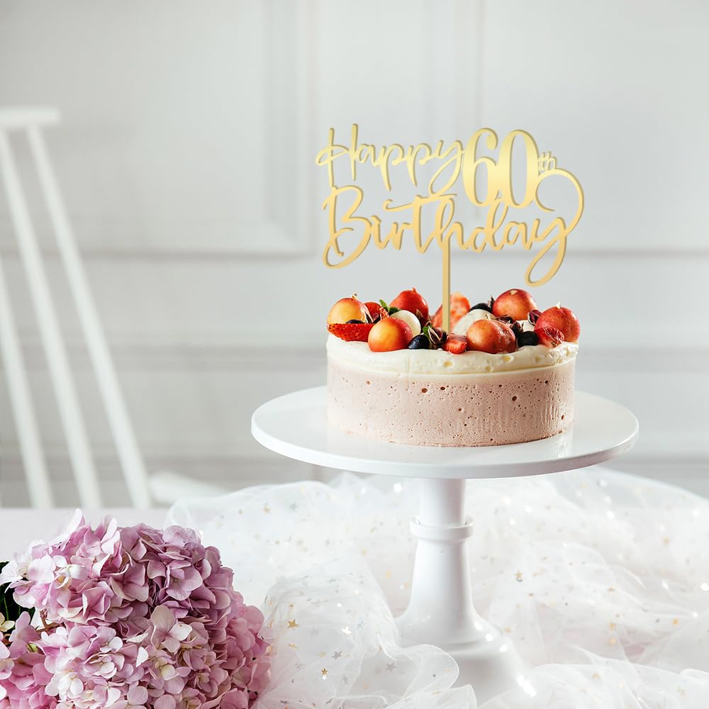 Happy 60th birthday cake Topper,Mirrored Gold Acrylic Durable Cake Topper,60th Birthday Party Cake Decorations,Hello 60th years old, Happy sixty years