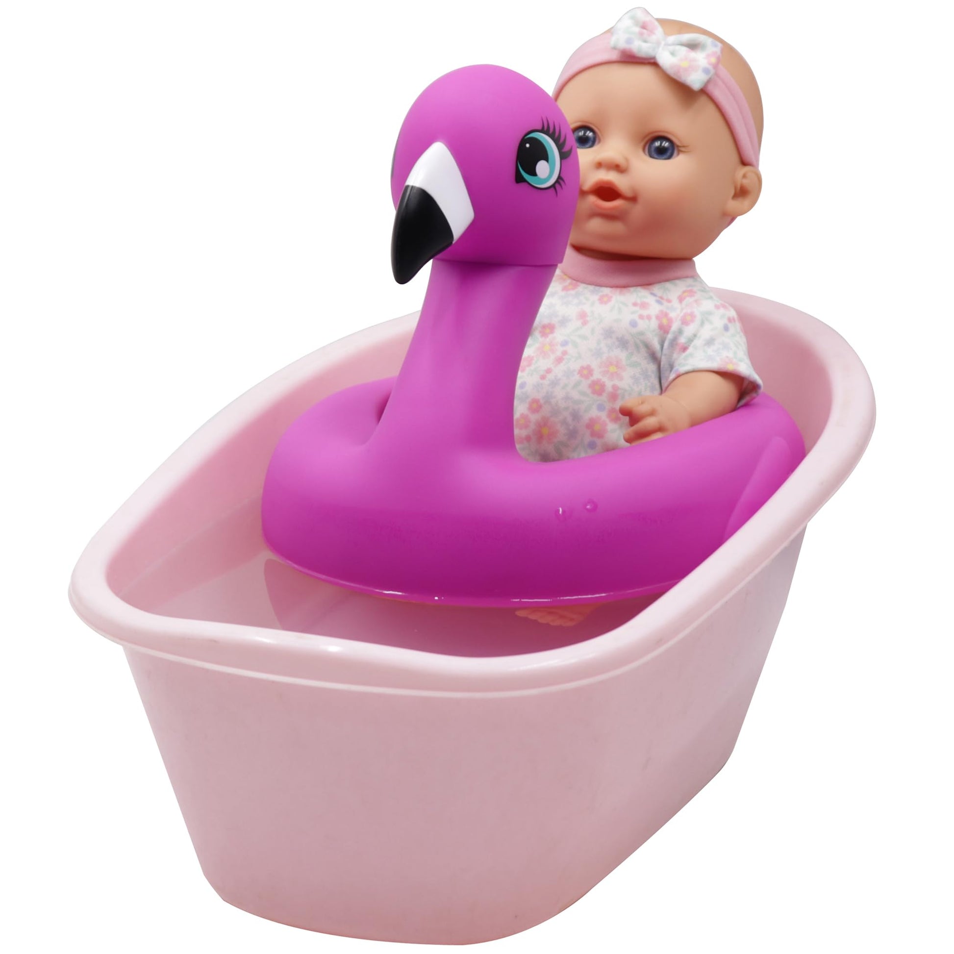 Dream Collection: 10" Bath Time Baby Doll & Flamingo Floatie Set - Onesie Outfit & Headband, Swaddle Blanket Towel, Hard Body, Water Play Toy, Kids 2+