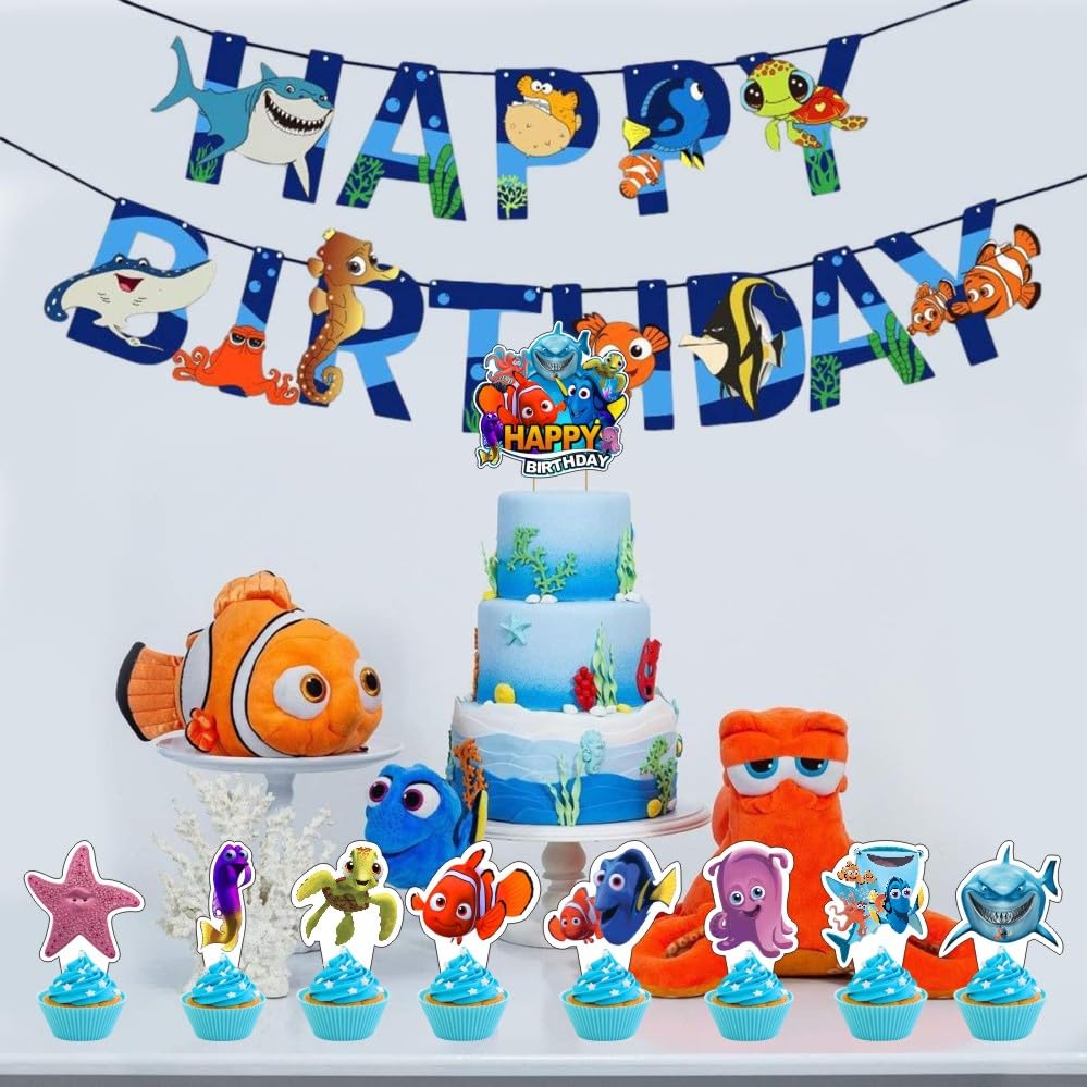 25Pcs Finding Nemo Cake Decorations with 24pcs Cupcake Toppers, 1pcs Cake Topper for Kids Birthday Party Supplies