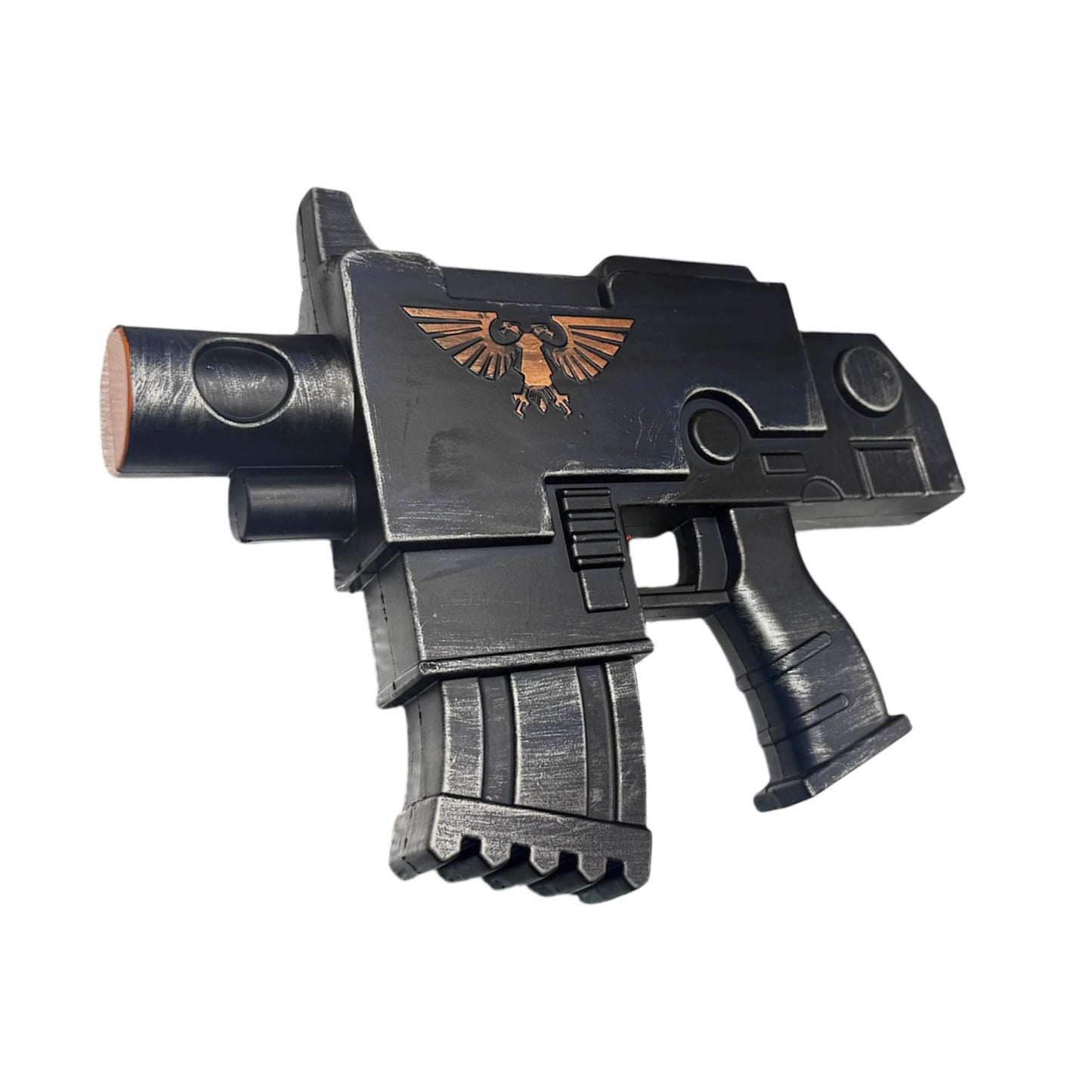 Sci-Fi Inspired Foam Blaster Prop, 11.75” Futuristic Display & Costume Accessory with Copper Emblem, Black/Dark Blue Finish
