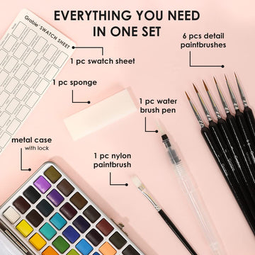 Grabie 50 Colors Watercolor Paint Set, Detail Paint Brush Included, Watercolor Paints, Painting Sets, Art Supplies for Painting, Travel Watercolor