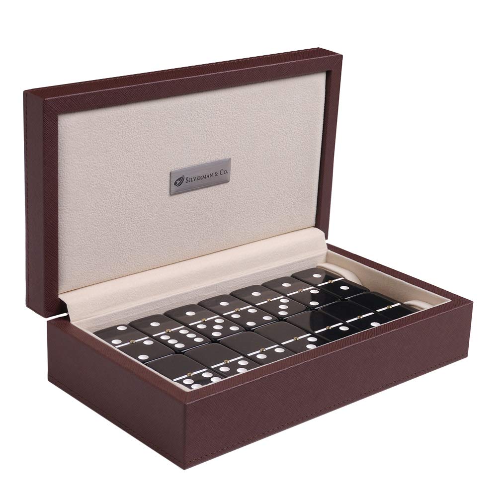 Silverman & Co. Double 6 Large Black Domino Set - Brown Case