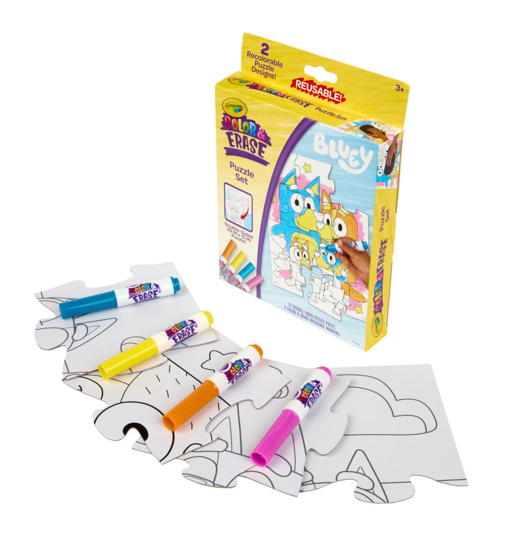 Crayola Color & Erase Bluey Puzzle Set, 12 Color in Puzzle Pieces, Reusable, Double Sided Kids Puzzle, Bluey Gift for Kids, 3+